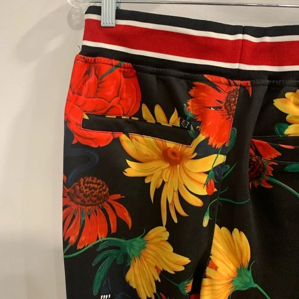 Reason Black and Red Floral Sweatpants with Sporty Stripes